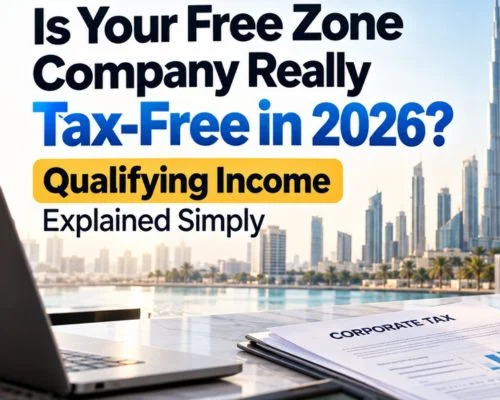 UAE Free Zone Corporate Tax 2026 explained, showing 0% tax on qualifying income and 9% tax on non-qualifying income.